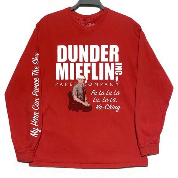 Dunder Mifflin My Horn Can Pierce the Sky Christmas Medium T-Shirt Red Long Slv - Picture 1 of 9